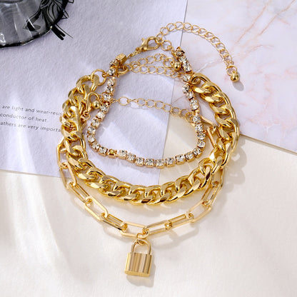 Thick Geometric Chain Punk Heavy Metal Crystal Lock Pendant Bracelet Set