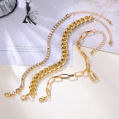 Thick Geometric Chain Punk Heavy Metal Crystal Lock Pendant Bracelet Set