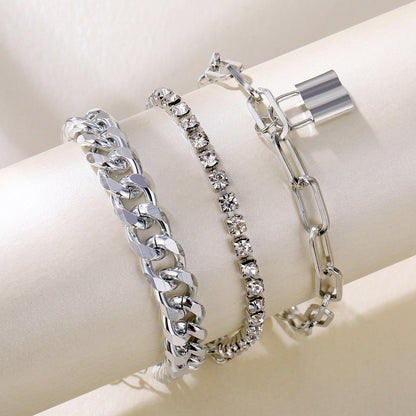 Thick Geometric Chain Punk Heavy Metal Crystal Lock Pendant Bracelet Set