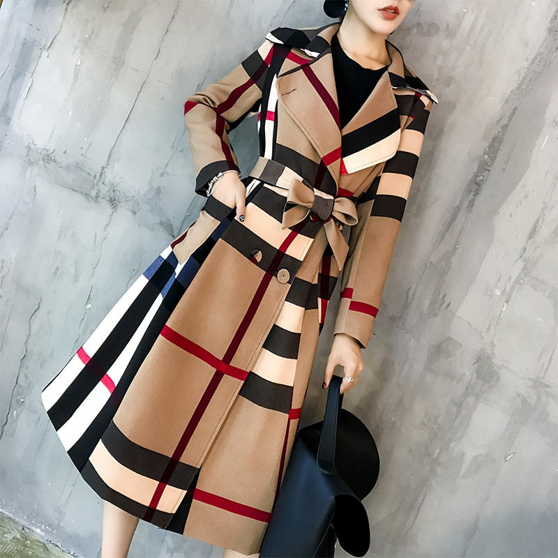 Winter Plaid Lapel Mid Length Retro Trench Coat - Azahshopping