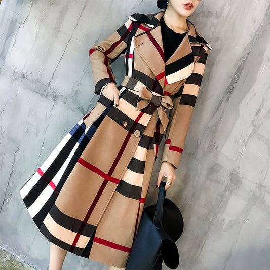 Winter Plaid Lapel Mid Length Retro Trench Coat - Azahshopping