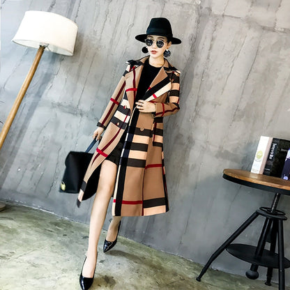 Winter Plaid Lapel Mid Length Retro Trench Coat - Azahshopping