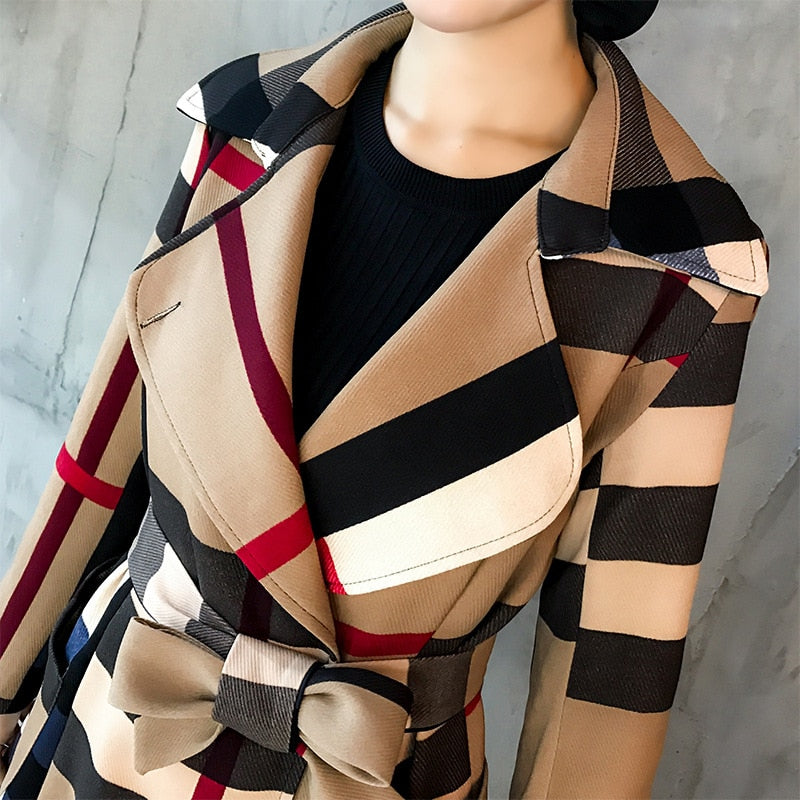 Winter Plaid Lapel Mid Length Retro Trench Coat - Azahshopping