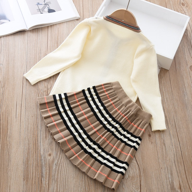 Knitted 2 Pieces Sets Sweater Coat+skirt Girls Boutique Outfits