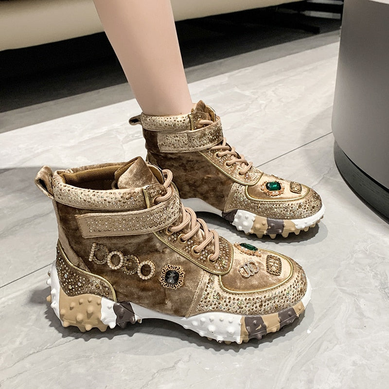 Hip Hop Rhinestone Women Sneakser Ins Tide Diamond Breathable Luxury Designers Casual Thick Bottoms Dad Boots