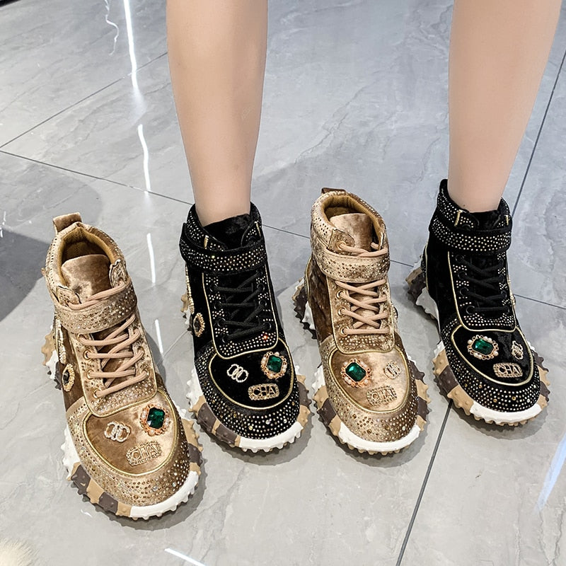 Hip Hop Rhinestone Women Sneakser Ins Tide Diamond Breathable Luxury Designers Casual Thick Bottoms Dad Boots