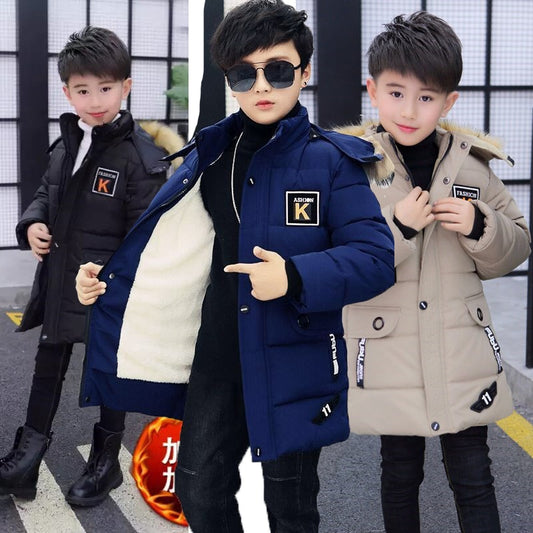 Mid-length Plus Velvet Thickening Hooded Cotton Coat For Boys