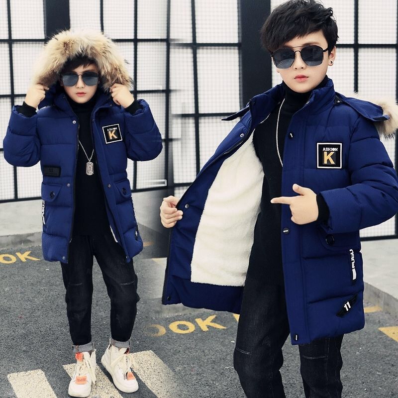 Mid-length Plus Velvet Thickening Hooded Cotton Coat For Boys