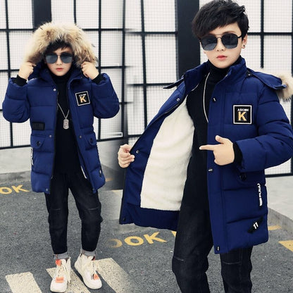 Mid-length Plus Velvet Thickening Hooded Cotton Coat For Boys