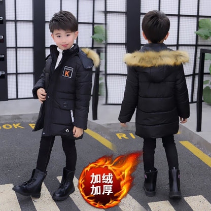 Mid-length Plus Velvet Thickening Hooded Cotton Coat For Boys