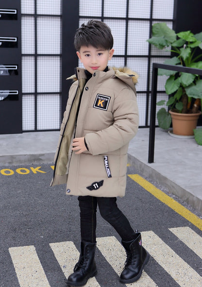 Mid-length Plus Velvet Thickening Hooded Cotton Coat For Boys