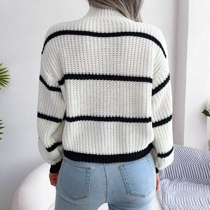 Striped Lantern Sleeve High neck Knit Sweater For Ladies - Azahshopping