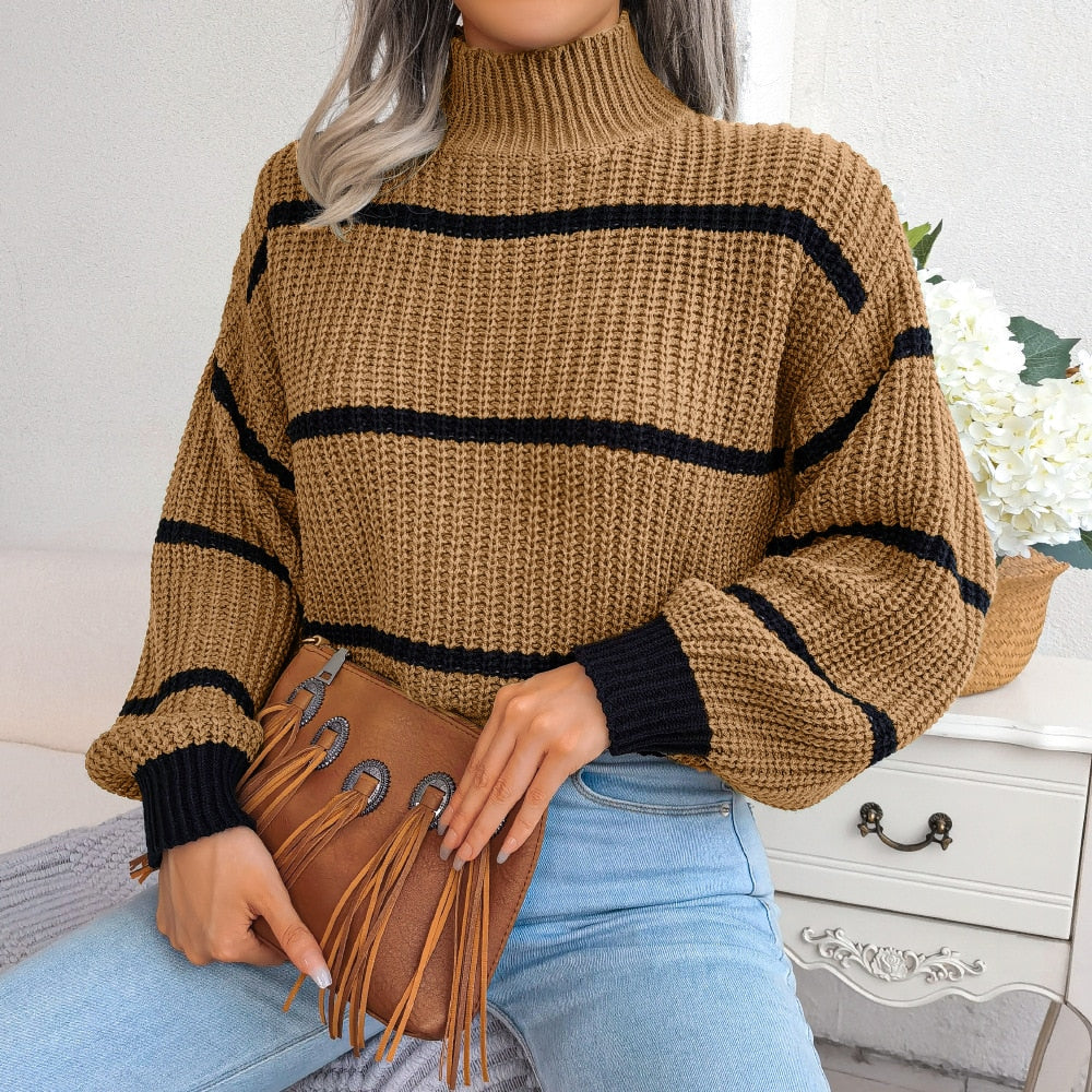 Striped Lantern Sleeve High neck Knit Sweater For Ladies - Azahshopping