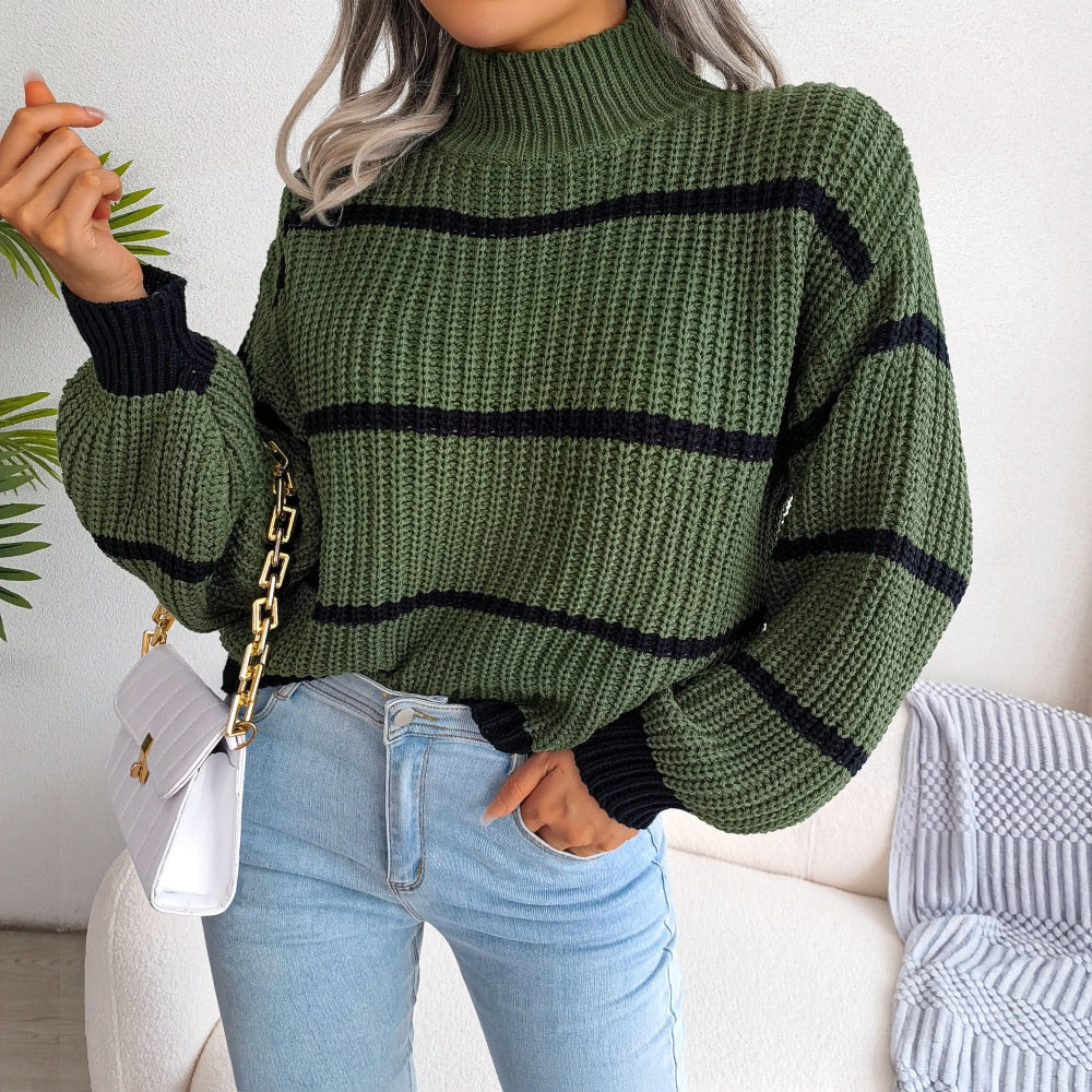 Striped Lantern Sleeve High neck Knit Sweater For Ladies - Azahshopping