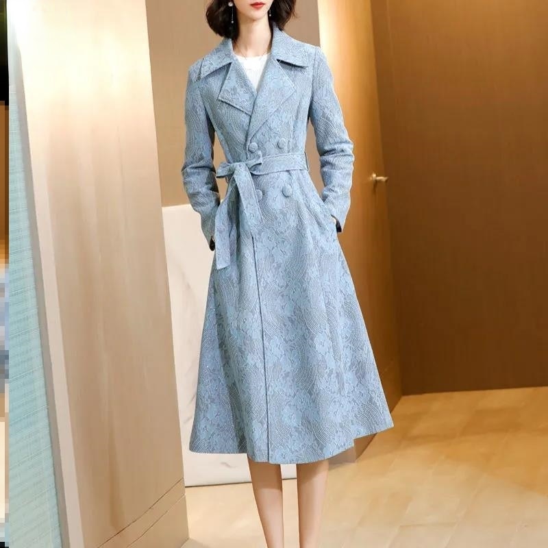 High Waisted Sash Blue Beige Elegant Lace Trench Coat - Azahshopping