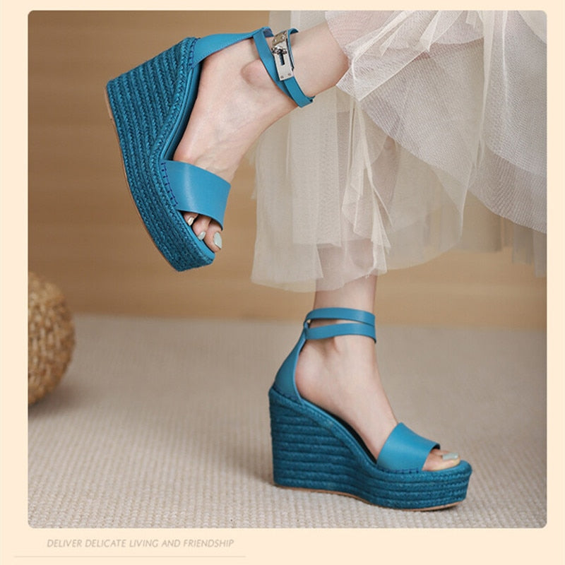 Leather Straw Thick Bottom Super High Heel Wedge