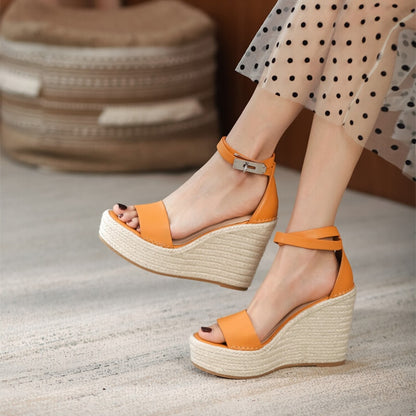 Leather Straw Thick Bottom Super High Heel Wedge