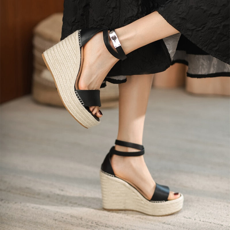 Leather Straw Thick Bottom Super High Heel Wedge