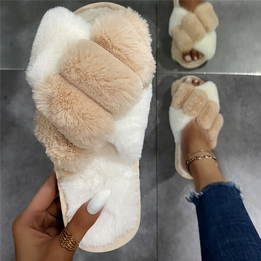 Women Furry Slippers Soft Plush Cross Faux Fur Indoor Slippers