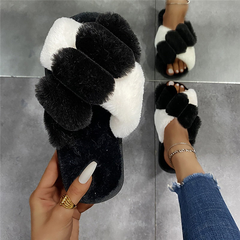 Women Furry Slippers Soft Plush Cross Faux Fur Indoor Slippers