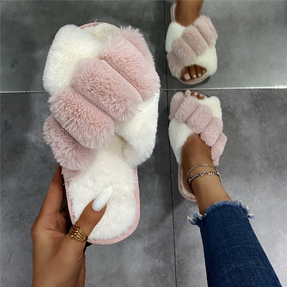 Women Furry Slippers Soft Plush Cross Faux Fur Indoor Slippers