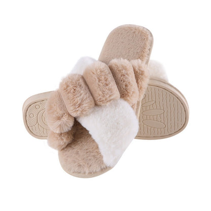 Women Furry Slippers Soft Plush Cross Faux Fur Indoor Slippers