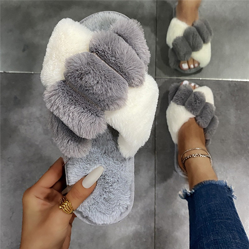 Women Furry Slippers Soft Plush Cross Faux Fur Indoor Slippers