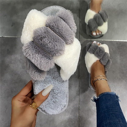 Women Furry Slippers Soft Plush Cross Faux Fur Indoor Slippers