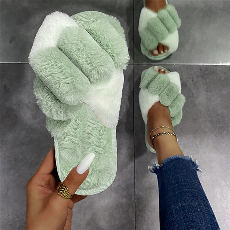 Women Furry Slippers Soft Plush Cross Faux Fur Indoor Slippers