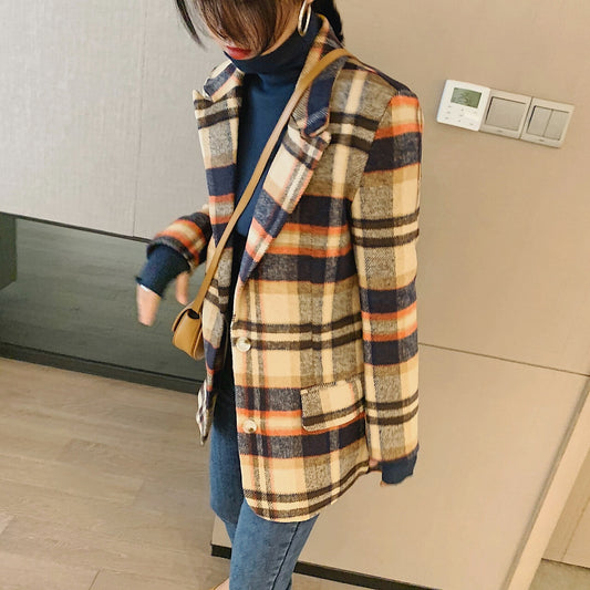 Women Plaid Woolen Casual Long Sleeve Double Breasted Coat