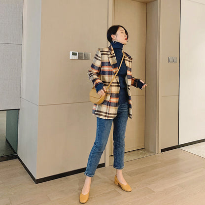 Women Plaid Woolen Casual Long Sleeve Double Breasted Coat