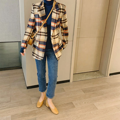 Women Plaid Woolen Casual Long Sleeve Double Breasted Coat