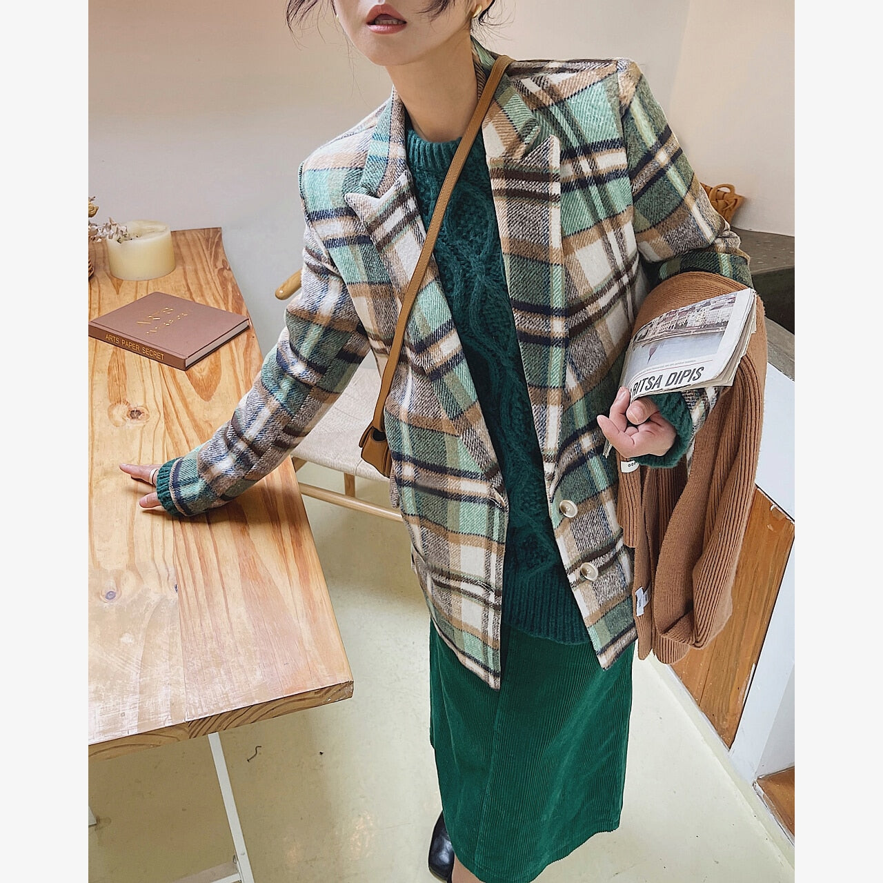 Women Plaid Woolen Casual Long Sleeve Double Breasted Coat