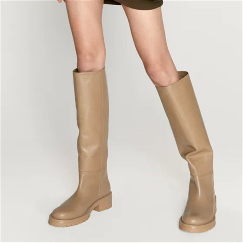 Slip On Knee High Full Genuine Leather Boots