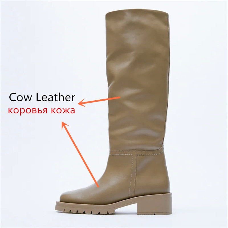 Slip On Knee High Full Genuine Leather Boots