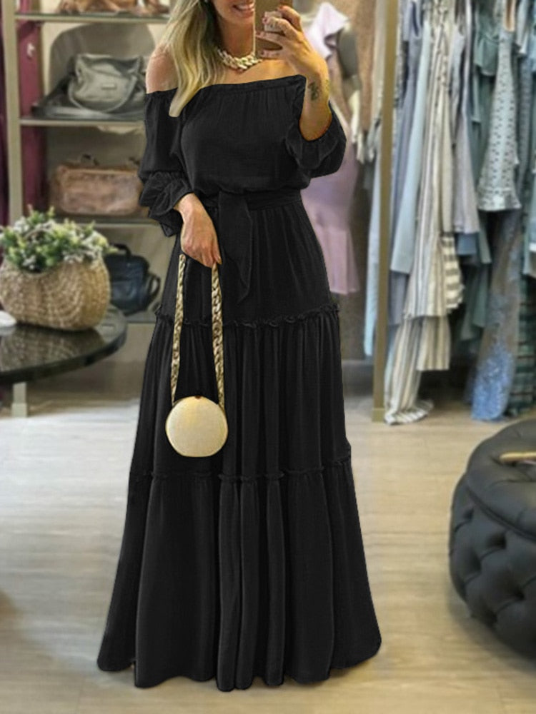Puff Sleeve Off Shoulder Ruffle Patchwork Maxi Dress