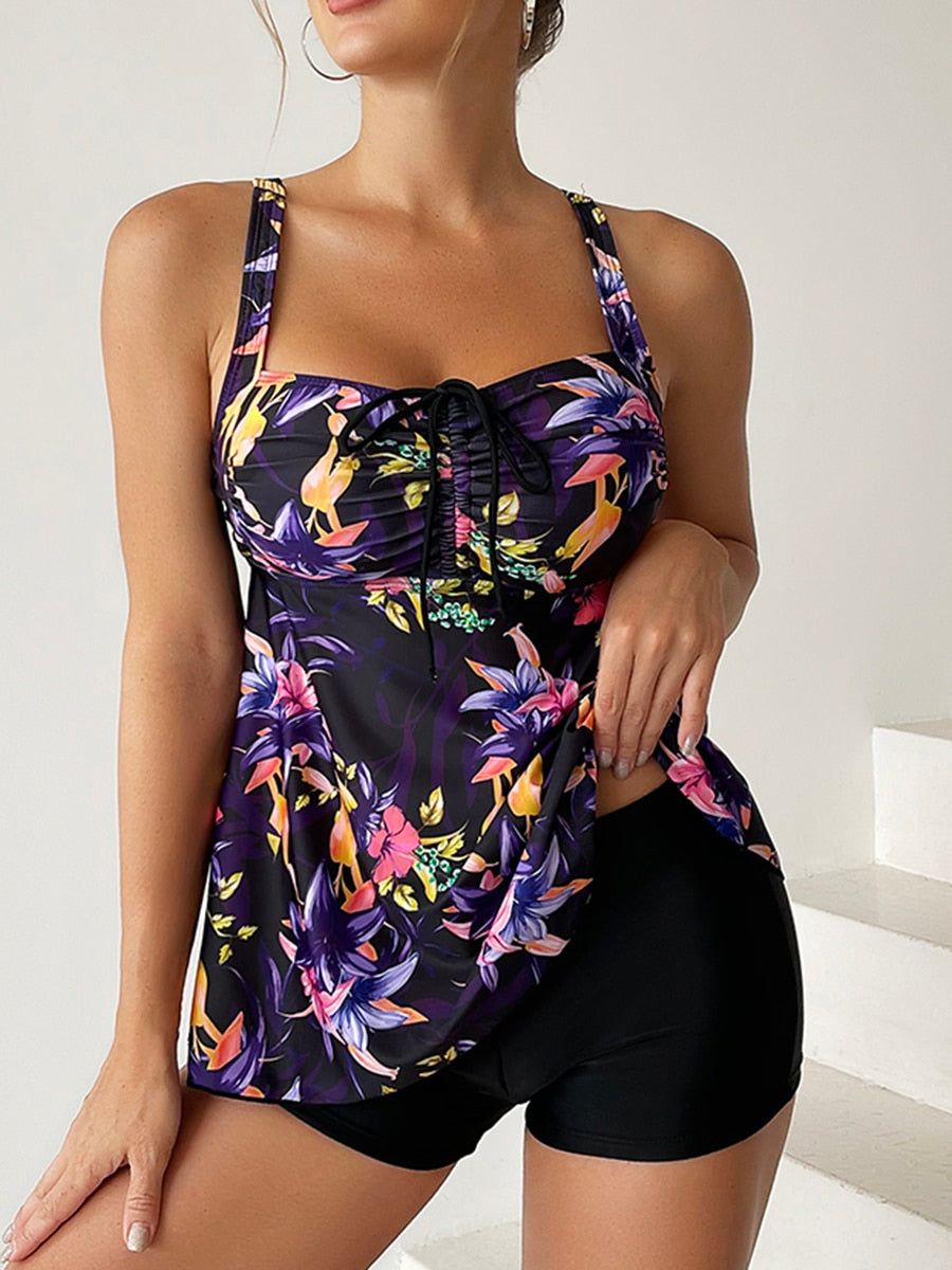 Floral Printed Tankini Swimsuit Short Bathing Suit Beachwear Two Piece Set