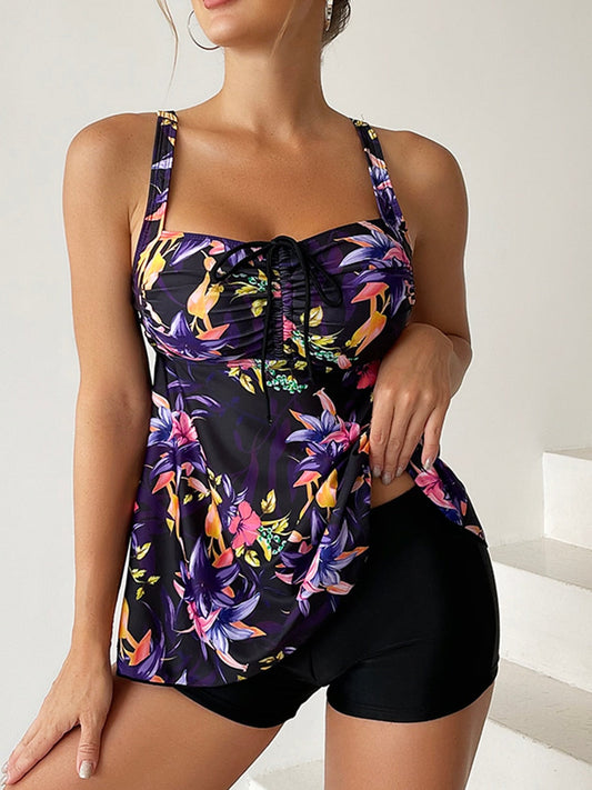 Floral Printed Tankini Swimsuit Short Bathing Suit Beachwear Two Piece Set