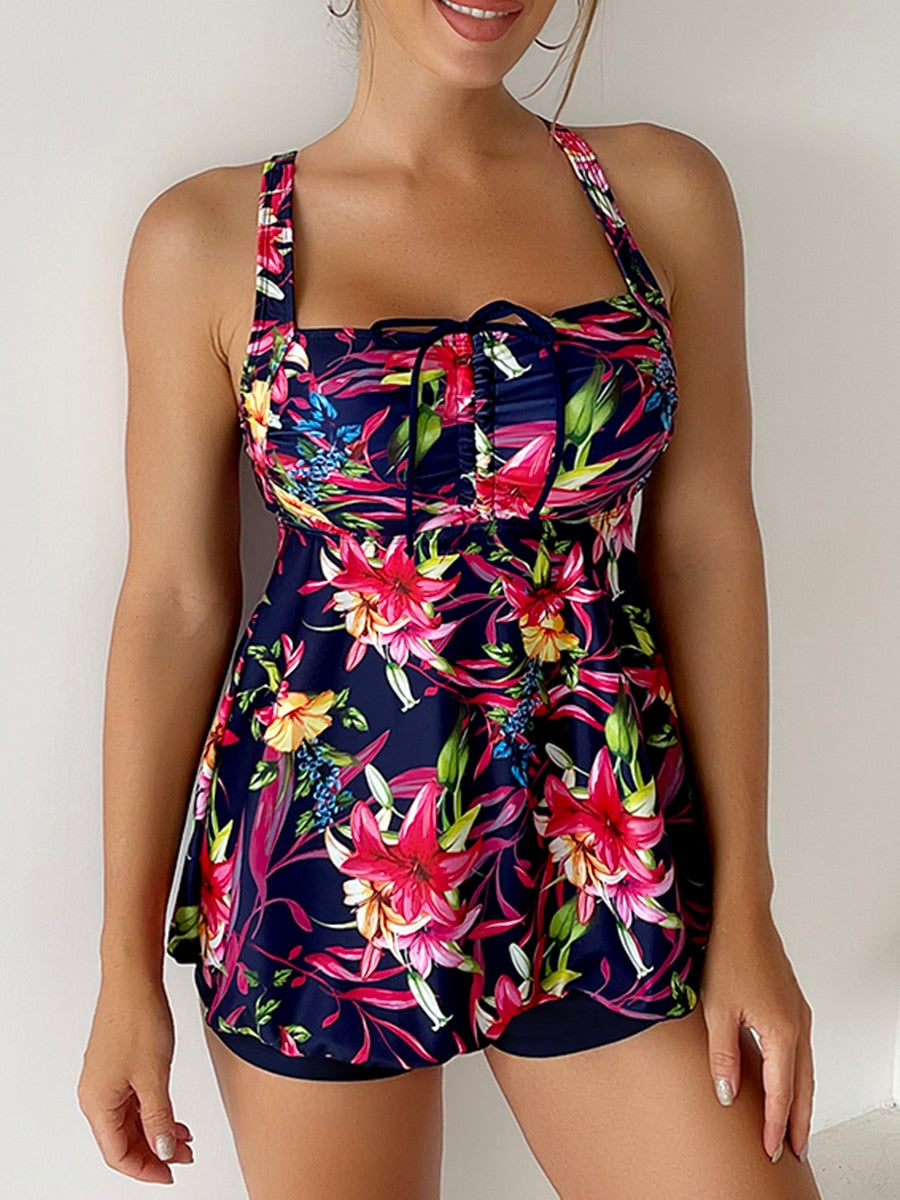 Floral Printed Tankini Swimsuit Short Bathing Suit Beachwear Two Piece Set