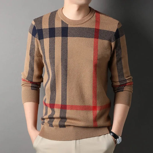Men's Classic Plaid Wool Knit Sweater - Long Sleeve Pullover