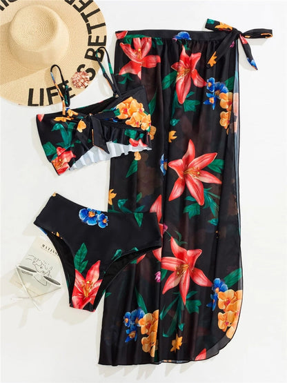 Print Swimwear Beach Skirt Bathing Suit 3 Pieces Set