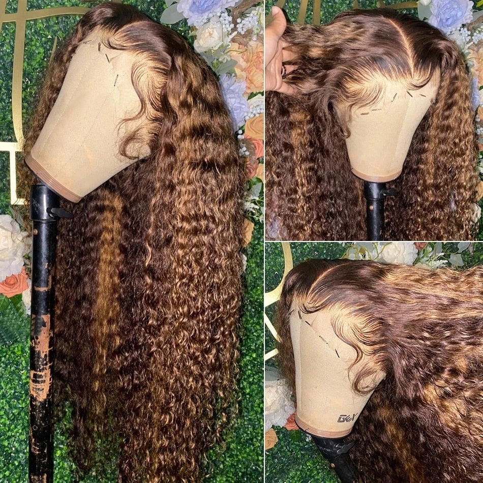 Highlight Ombre 13x6 Lace Frontal Wig Curly Human Hair Wigs 4/27 Colored 4x4 Deep Wave Lace Closure Wigs For Women