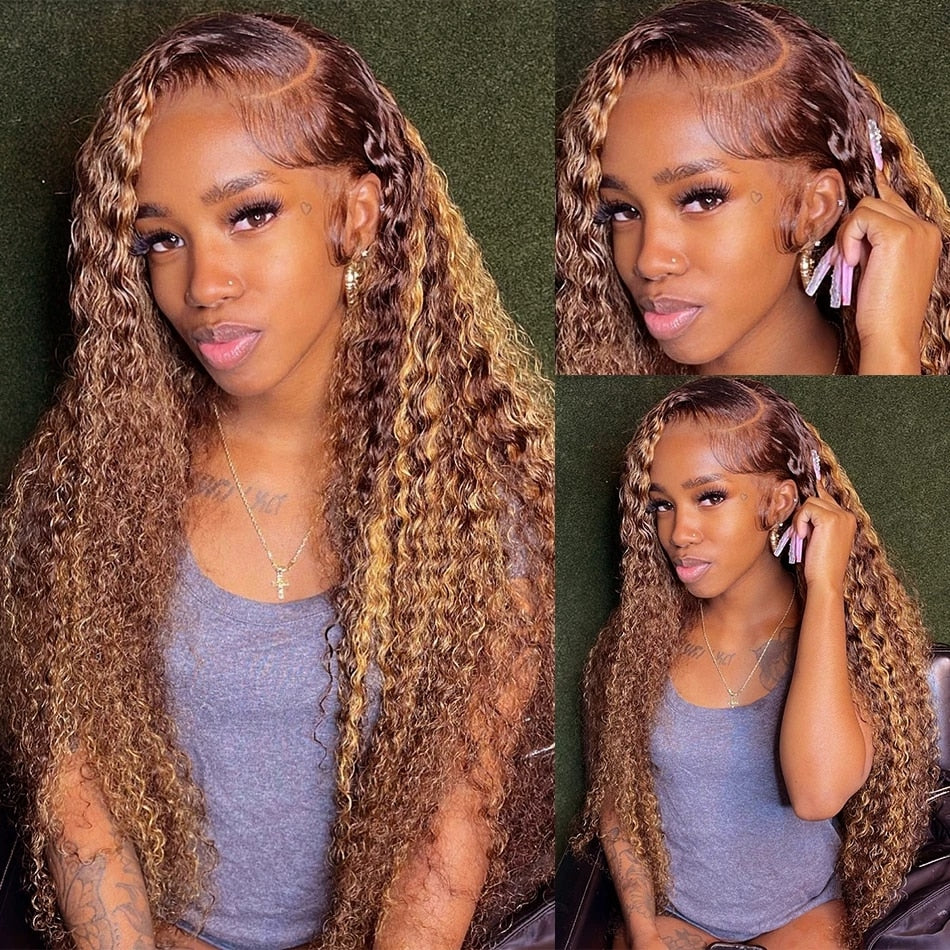 Highlight Ombre 13x6 Lace Frontal Wig Curly Human Hair Wigs 4/27 Colored 4x4 Deep Wave Lace Closure Wigs For Women
