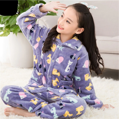 Winter Thicken Warm Home Wear Cartoon Lapel Long Sleeve Pajama Sets