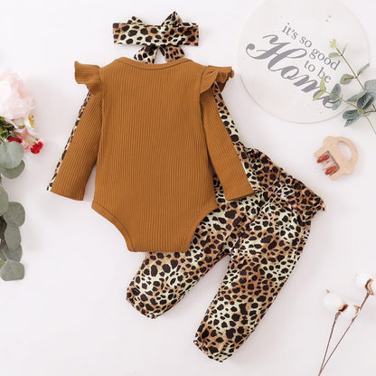 Ruffles Romper Top Bow Leopard Pants New Born Sets