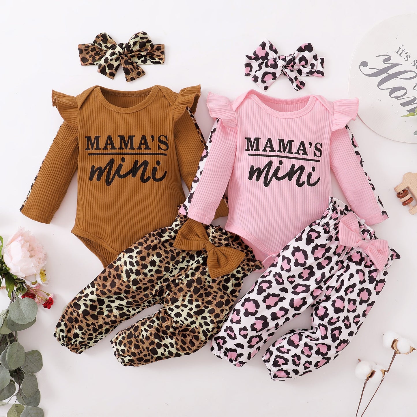 Ruffles Romper Top Bow Leopard Pants New Born Sets