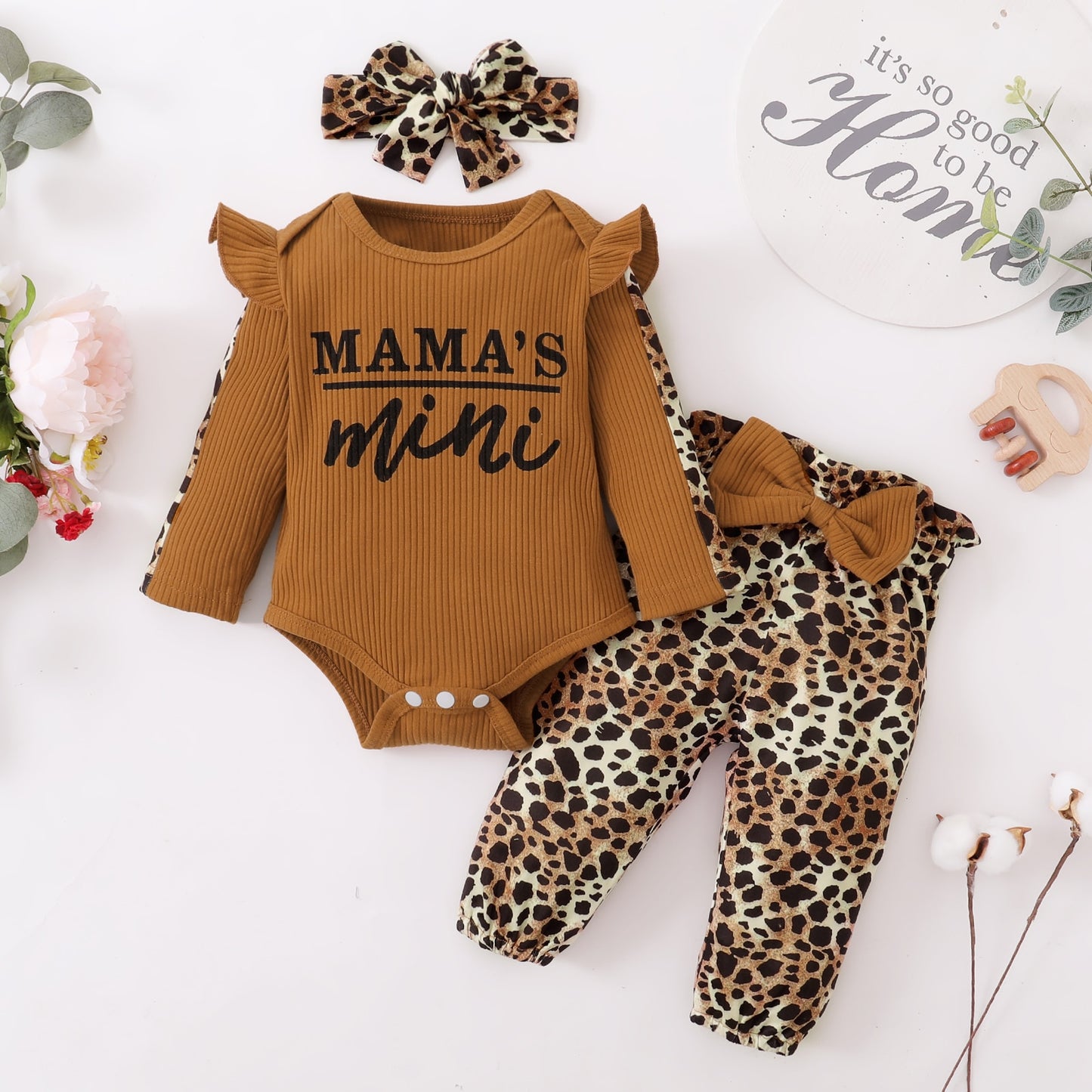 Ruffles Romper Top Bow Leopard Pants New Born Sets