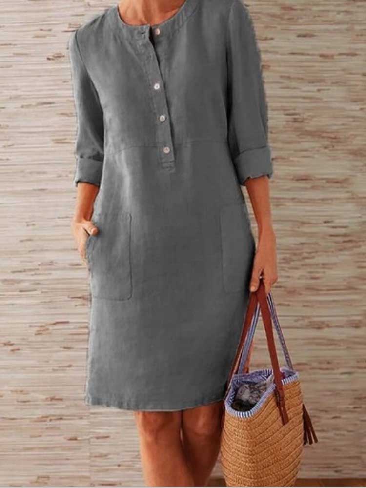 Cotton Linen Dress Spring Vintage Long Sleeve