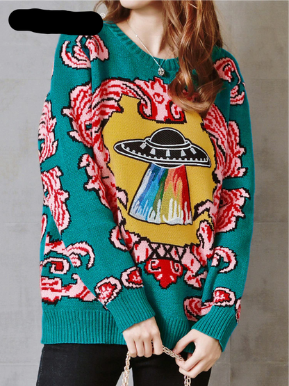 Vintage Warm Thicken Sweaters Ufo Clouds Jacquard Pullovers