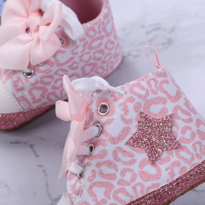 Lioraitiin 0-12M Newborn Baby Girl Boys Shoes Leopard / Star Printed Bowknot Walking Soft-Soled First Walker Shoes